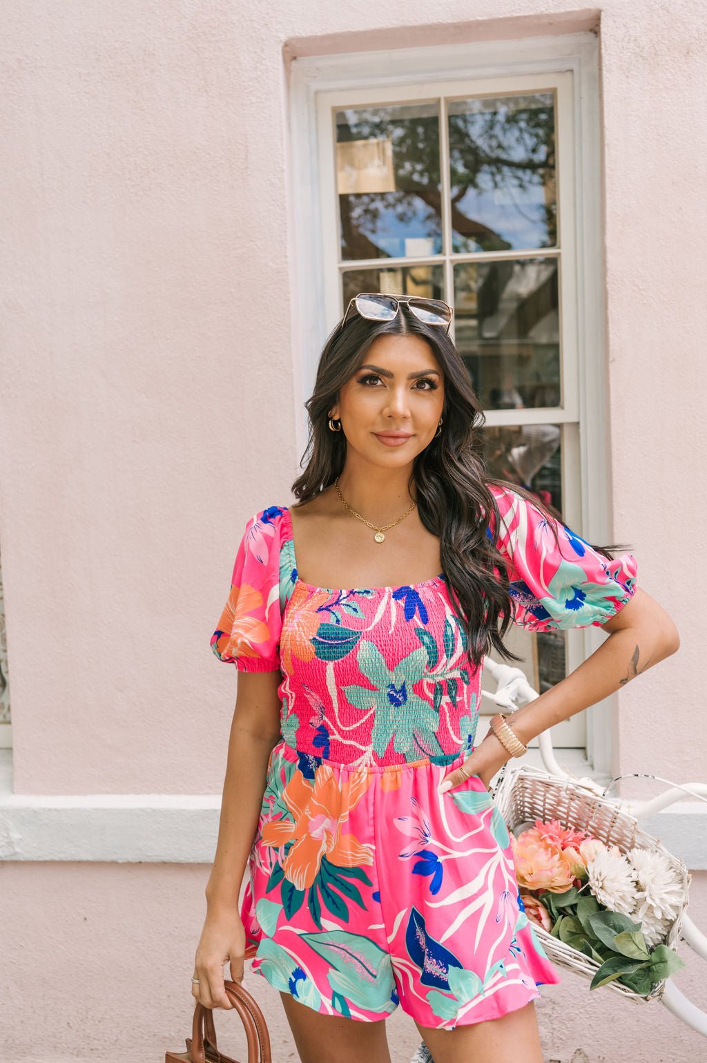 Pink Tropical Print Smocked Romper - Magnolia Boutique