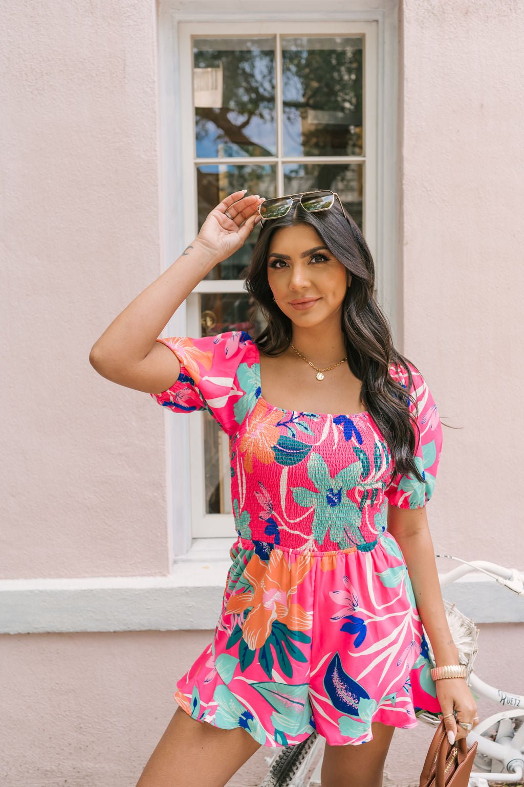 Pink Tropical Print Smocked Romper - Magnolia Boutique