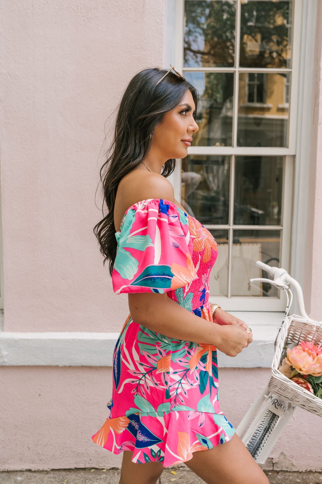 Pink Tropical Print Smocked Romper - Magnolia Boutique