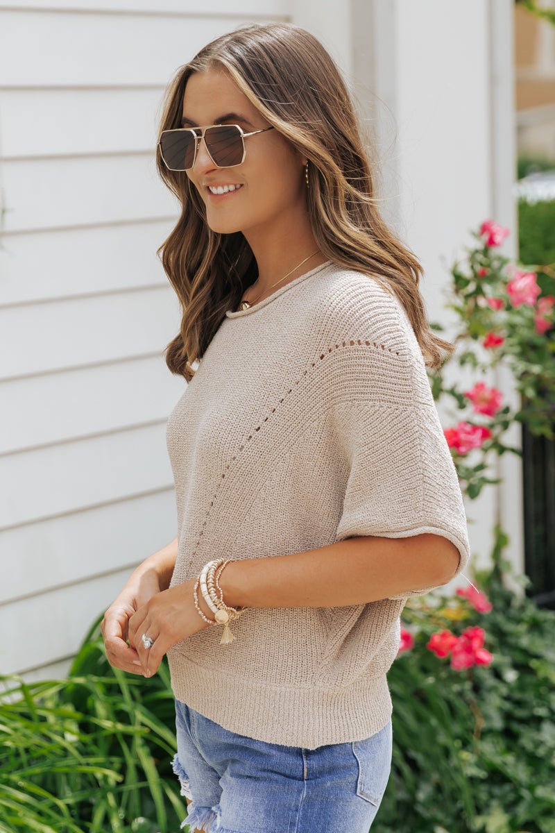 Pointelle Ribbed Short Sleeve Sweater - Magnolia Boutique