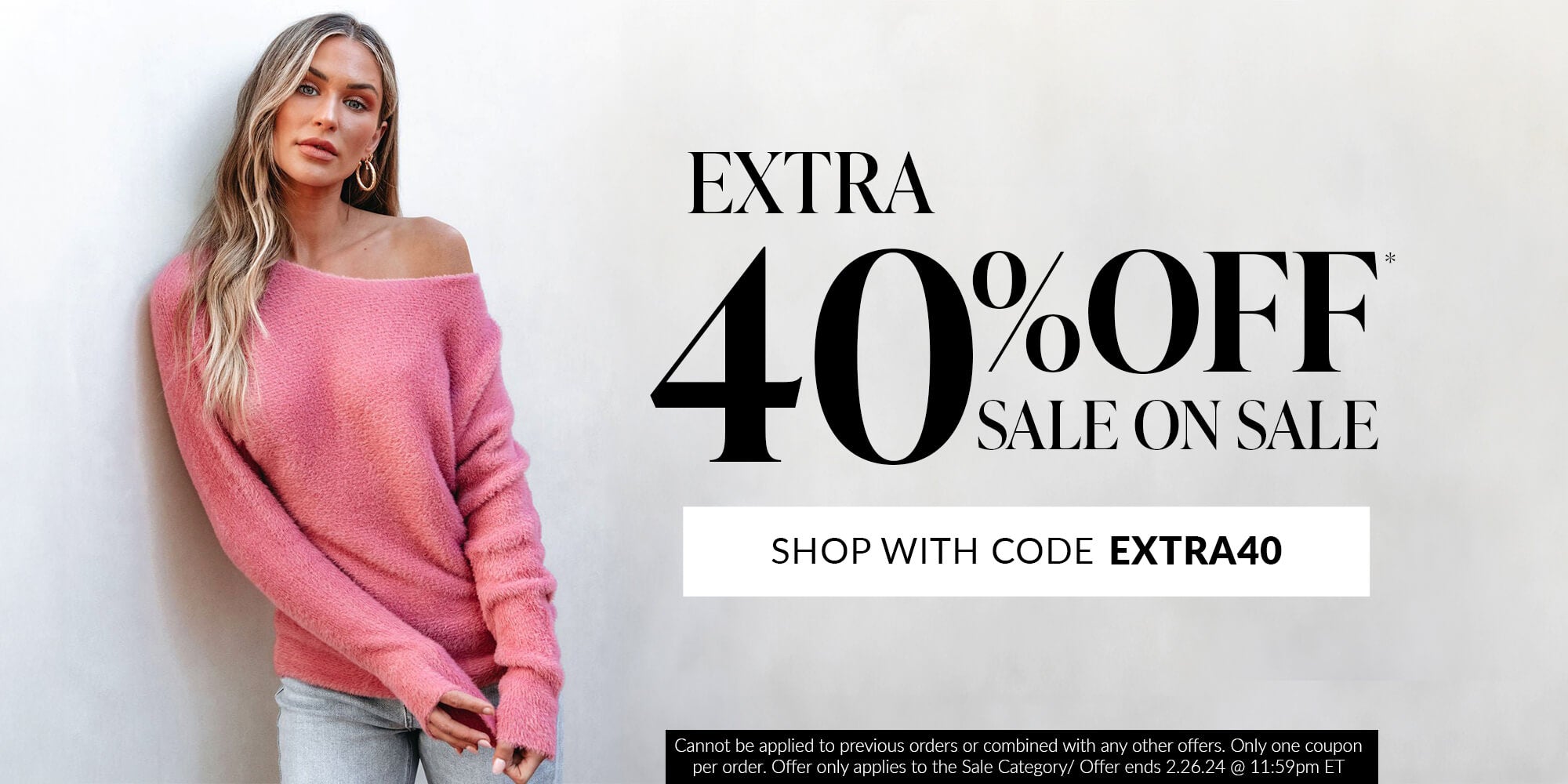 extra 40% off sale on sale shop with code EXTRA40 Cannot be applied to previous orders or combined with any other offers. Offer only applies to the Sale Category. Offer ends 2.26.24 @ 11:59pm ET.