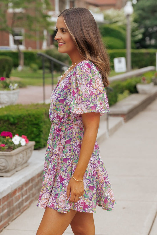 Purple Floral Print Surplice Mini Dress - FINAL SALE – Magnolia Boutique