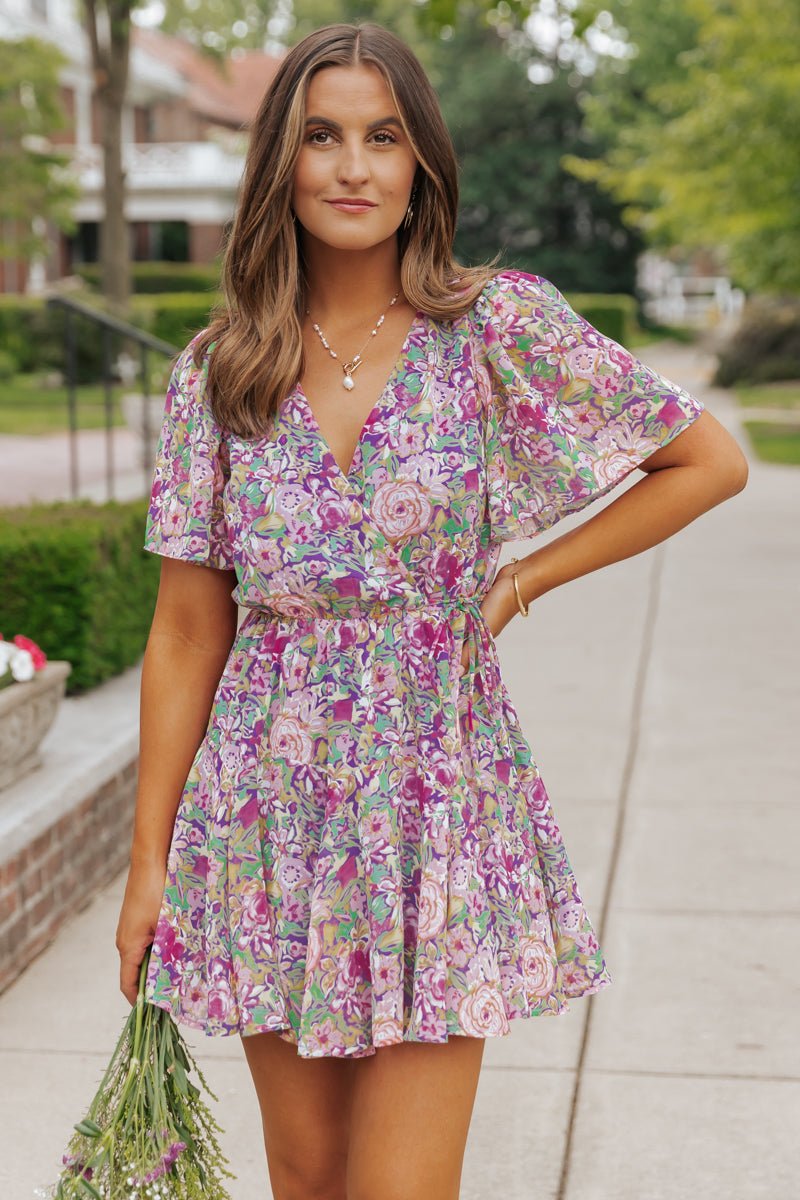 Purple Floral Print Surplice Mini Dress - FINAL SALE – Magnolia Boutique