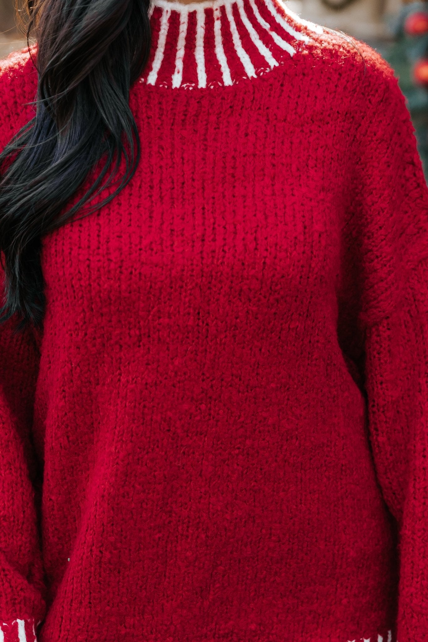 Red and White Contrast Stitch Sweater - Magnolia Boutique