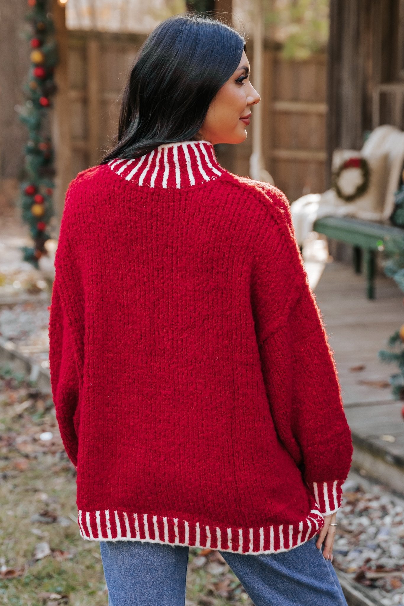 Red and White Contrast Stitch Sweater - Magnolia Boutique