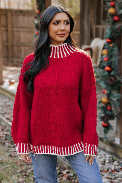 Red and White Contrast Stitch Sweater - Magnolia Boutique