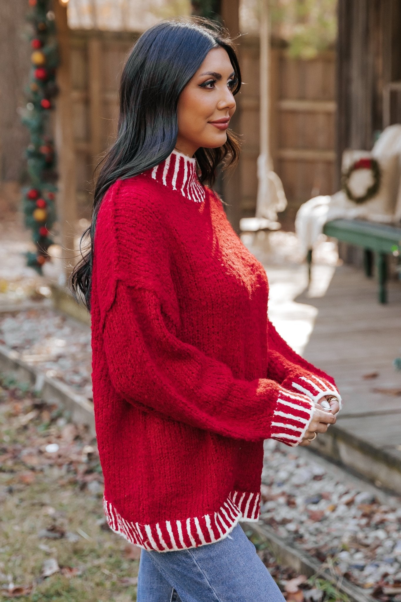 Red and White Contrast Stitch Sweater - Magnolia Boutique