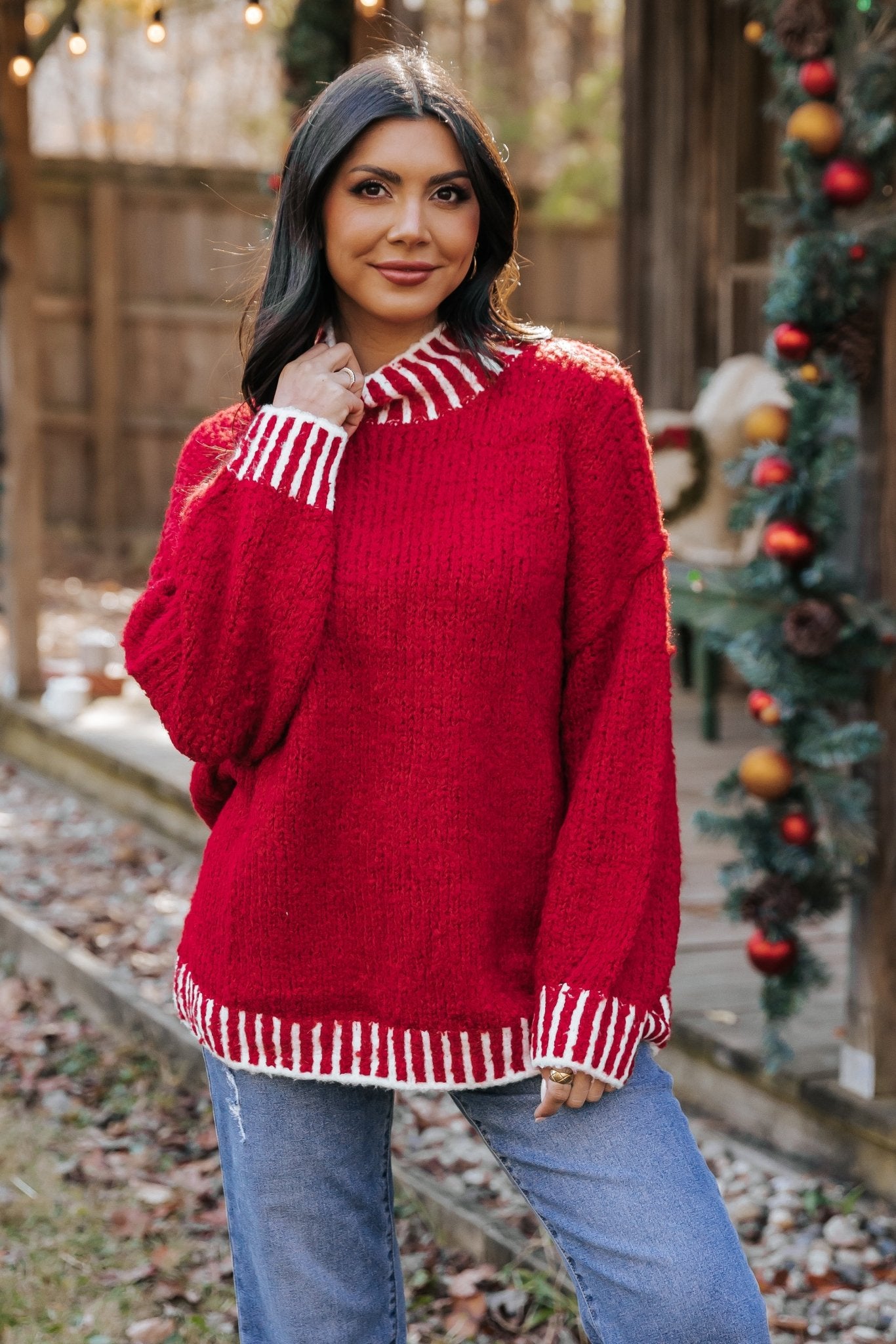 Red and White Contrast Stitch Sweater - Magnolia Boutique