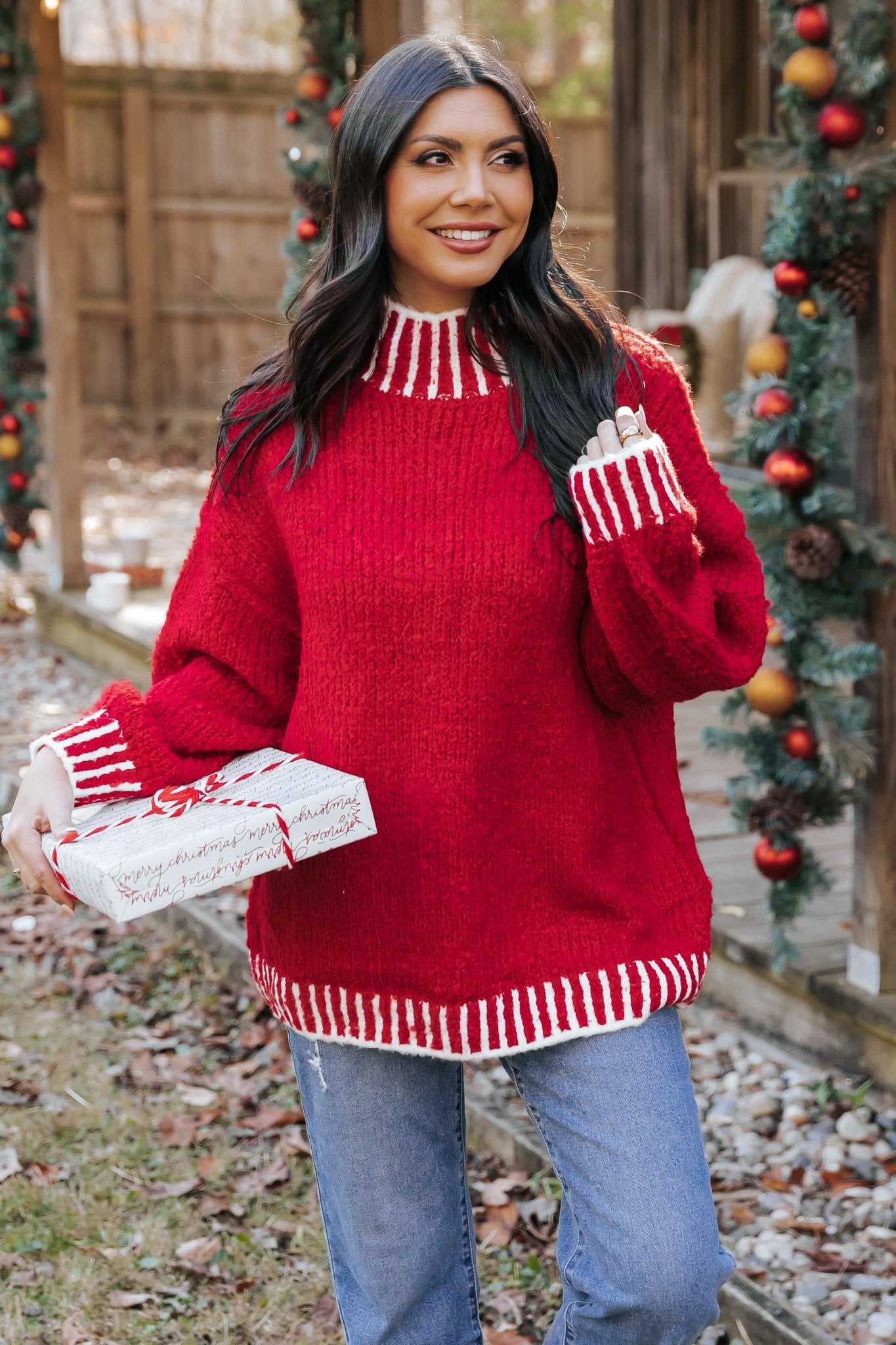 Red and White Contrast Stitch Sweater - Magnolia Boutique