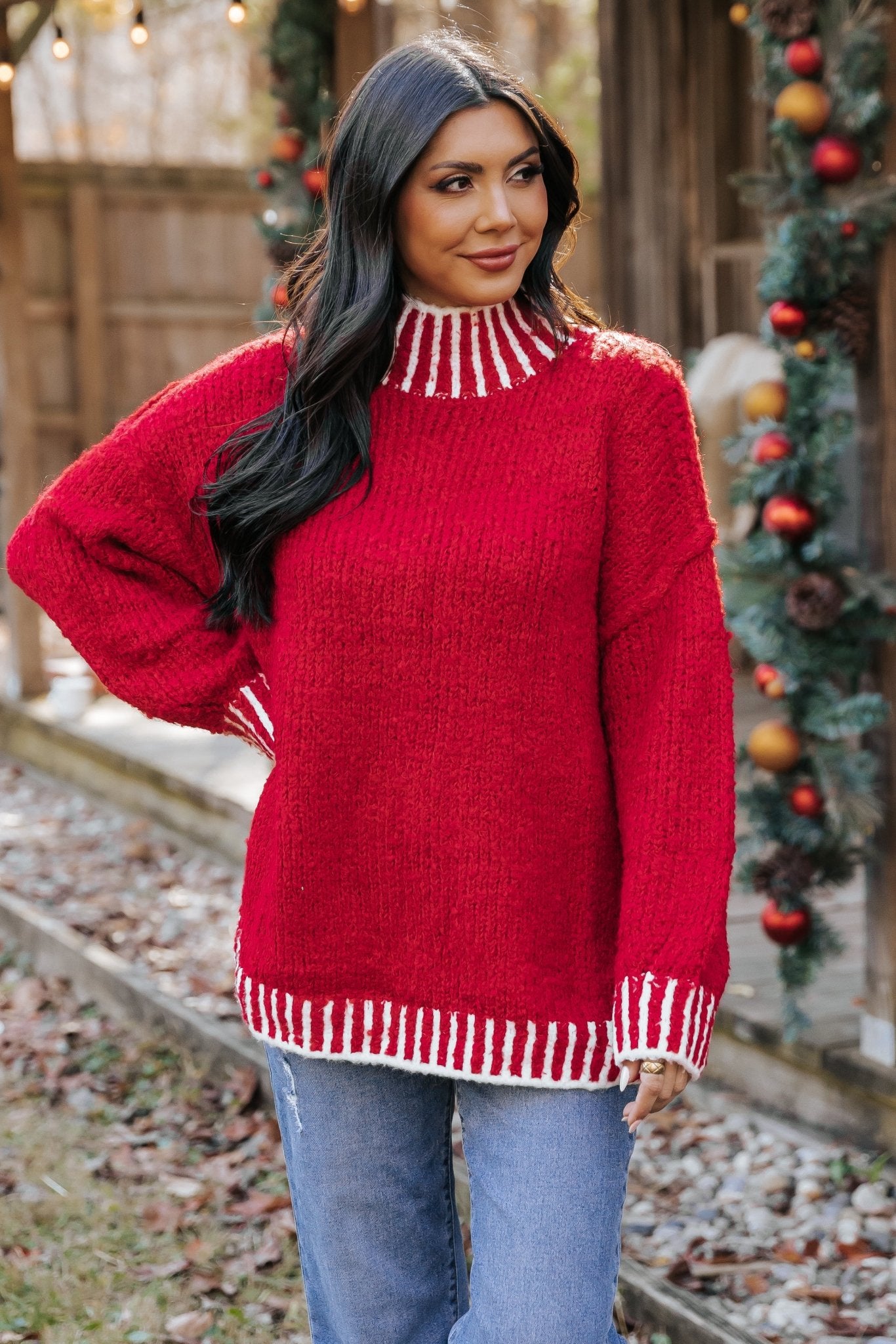 Red and White Contrast Stitch Sweater - Magnolia Boutique