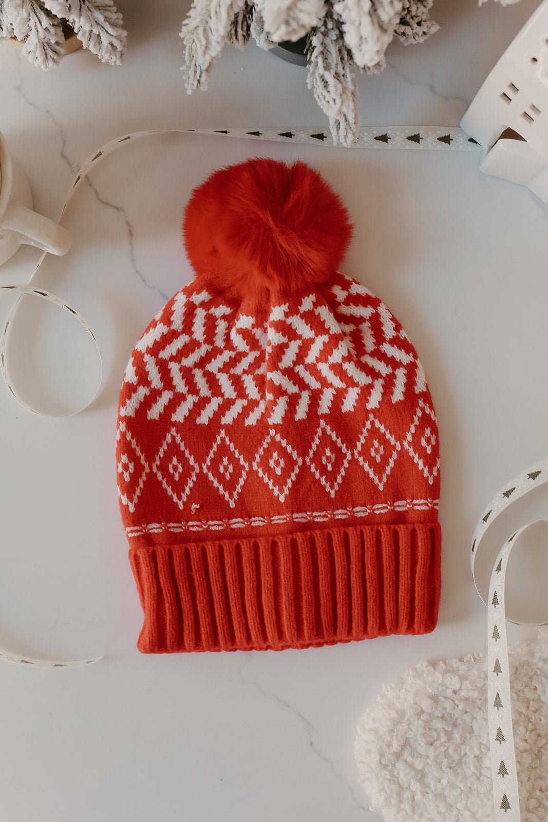 Red Aztec Print Pom Beanie - Magnolia Boutique