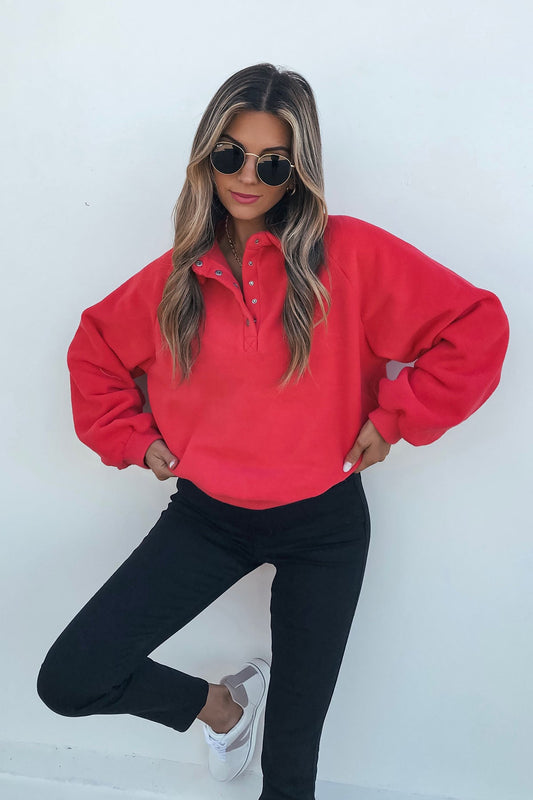 Red Button Up Fleece Pullover - Magnolia Boutique