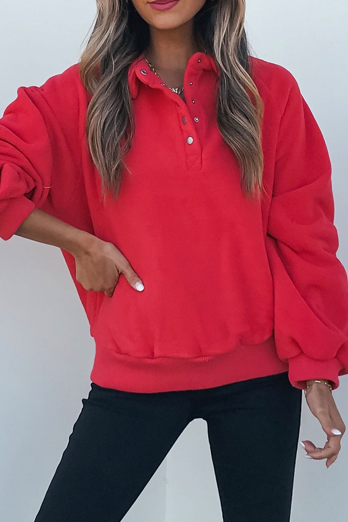 Red Button Up Fleece Pullover - Magnolia Boutique