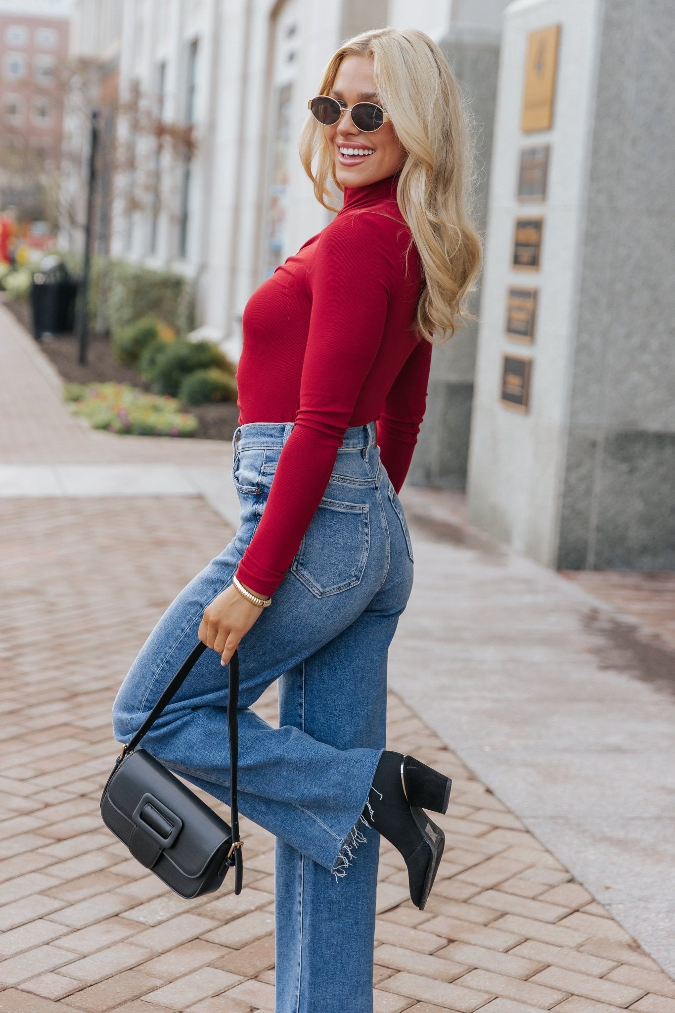 Red Cinched Mock Neck Top - Magnolia Boutique