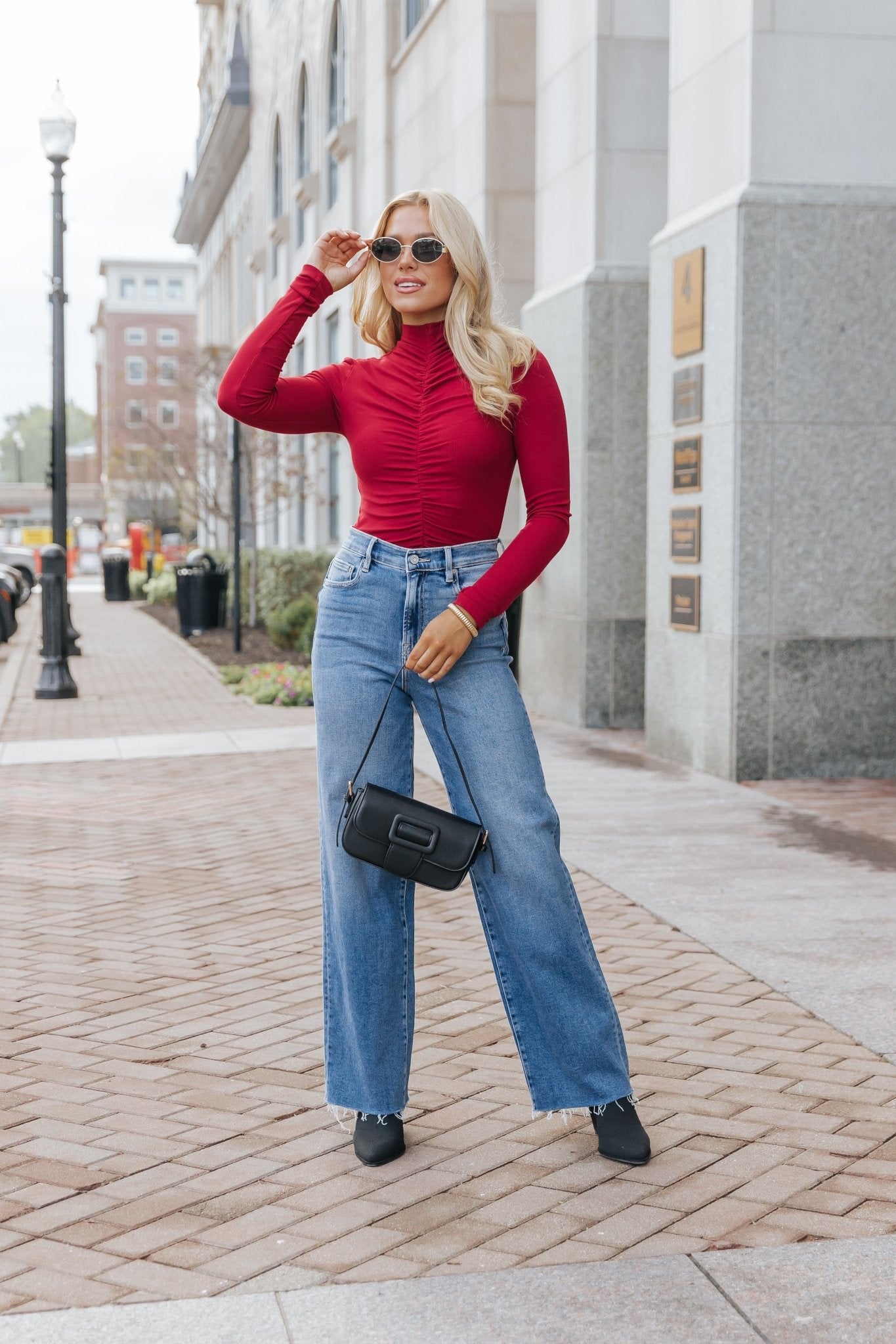 Red Cinched Mock Neck Top - Magnolia Boutique