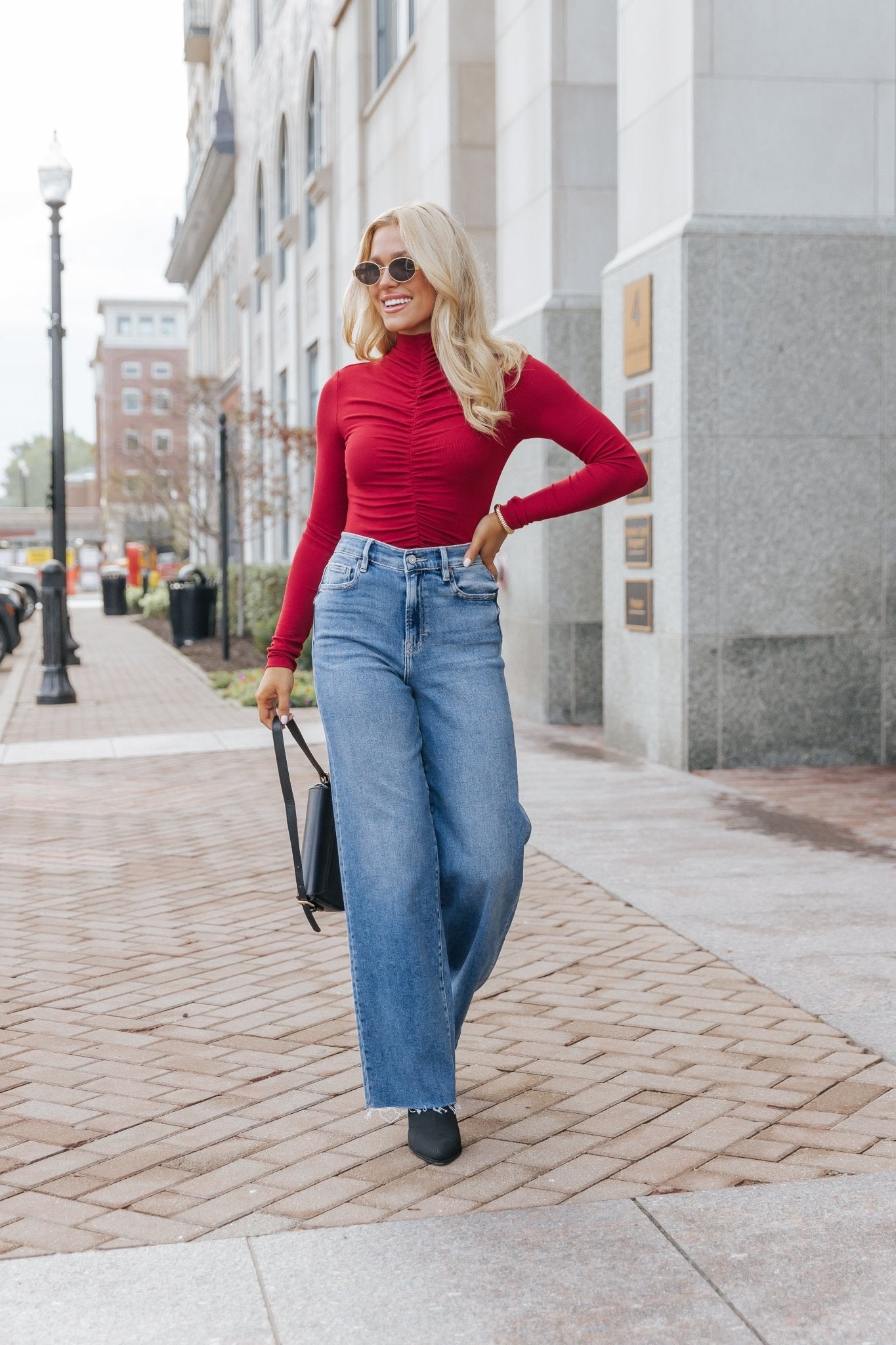 Red Cinched Mock Neck Top - Magnolia Boutique