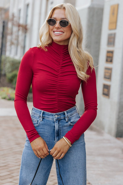 Red Cinched Mock Neck Top - Magnolia Boutique