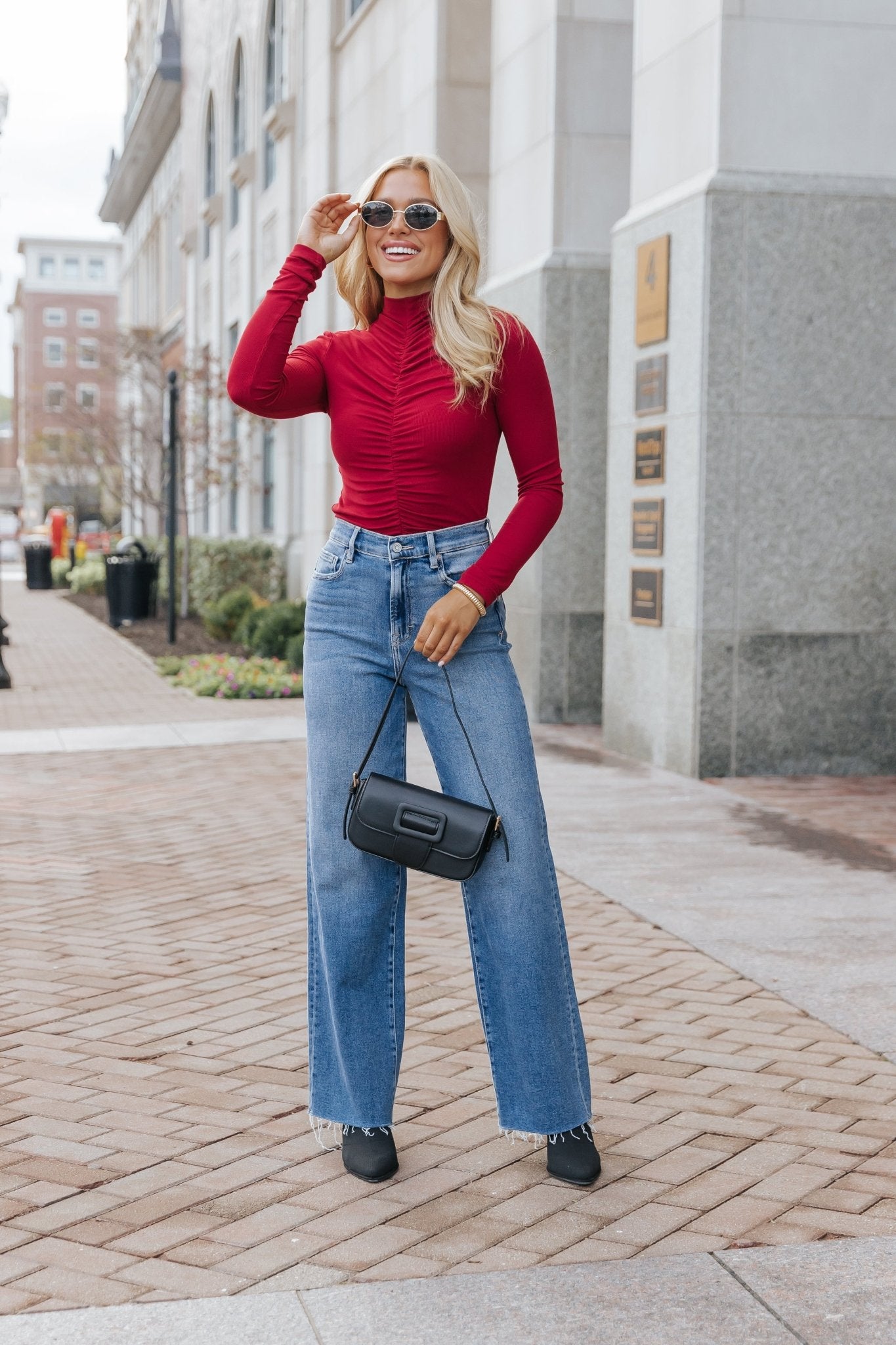 Red Cinched Mock Neck Top - Magnolia Boutique