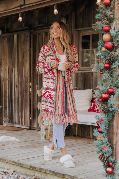 Red & Green Aztec Striped Boho Fringe Cardigan - Magnolia Boutique