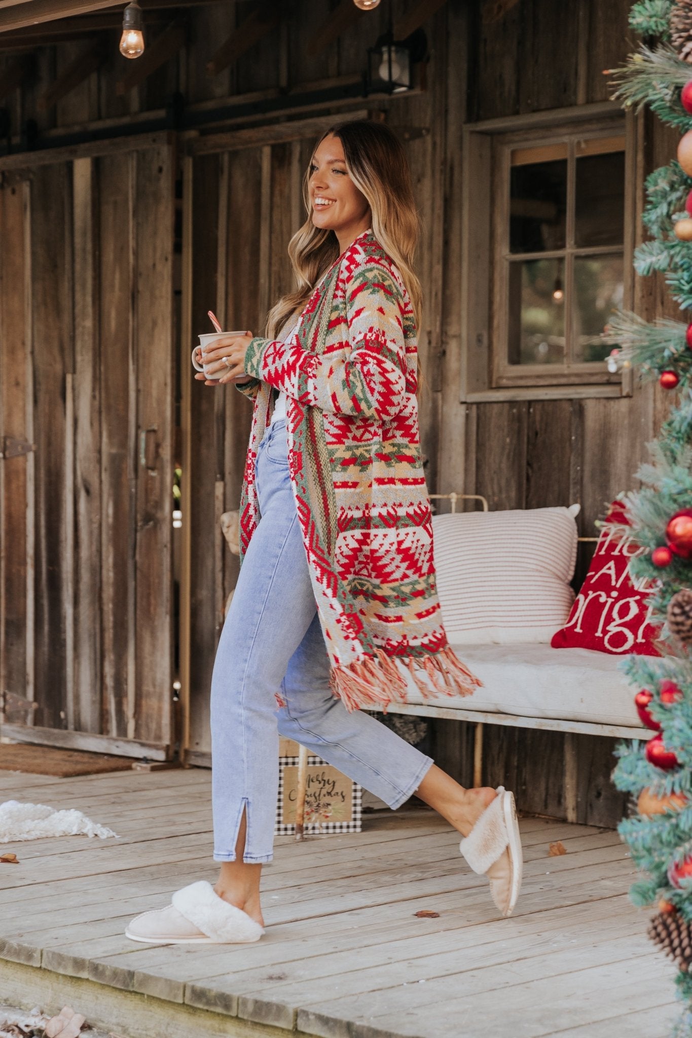 Red & Green Aztec Striped Boho Fringe Cardigan - Magnolia Boutique