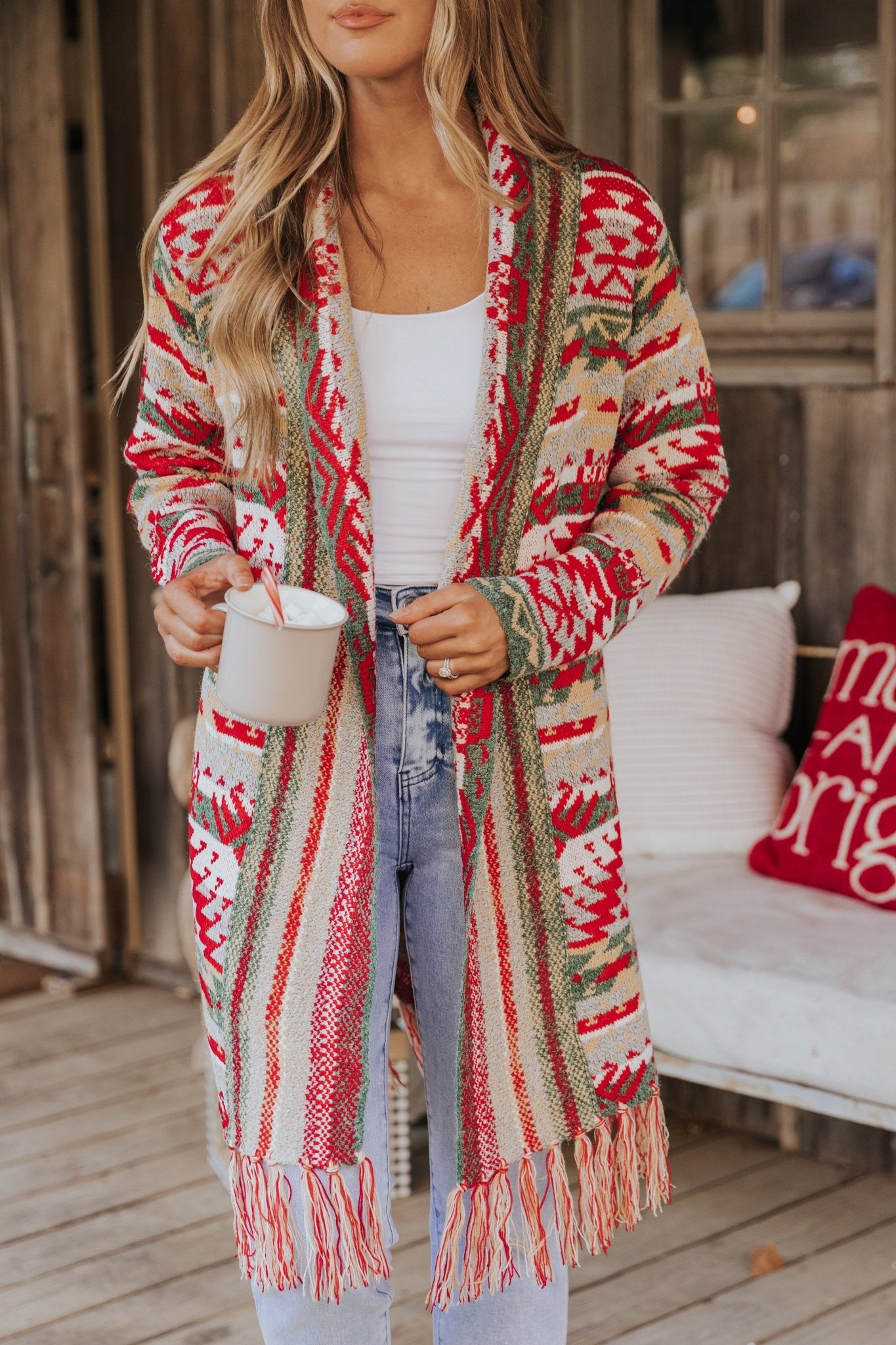 Red & Green Aztec Striped Boho Fringe Cardigan - Magnolia Boutique