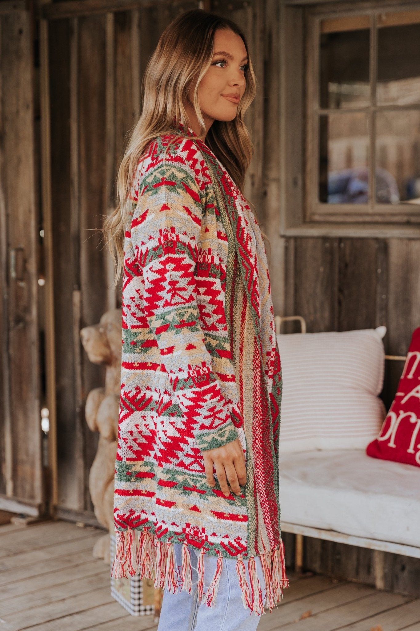 Red & Green Aztec Striped Boho Fringe Cardigan - Magnolia Boutique