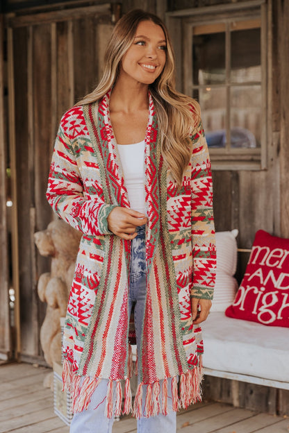 Red & Green Aztec Striped Boho Fringe Cardigan - Magnolia Boutique