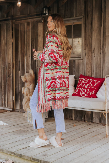 Red & Green Aztec Striped Boho Fringe Cardigan - Magnolia Boutique