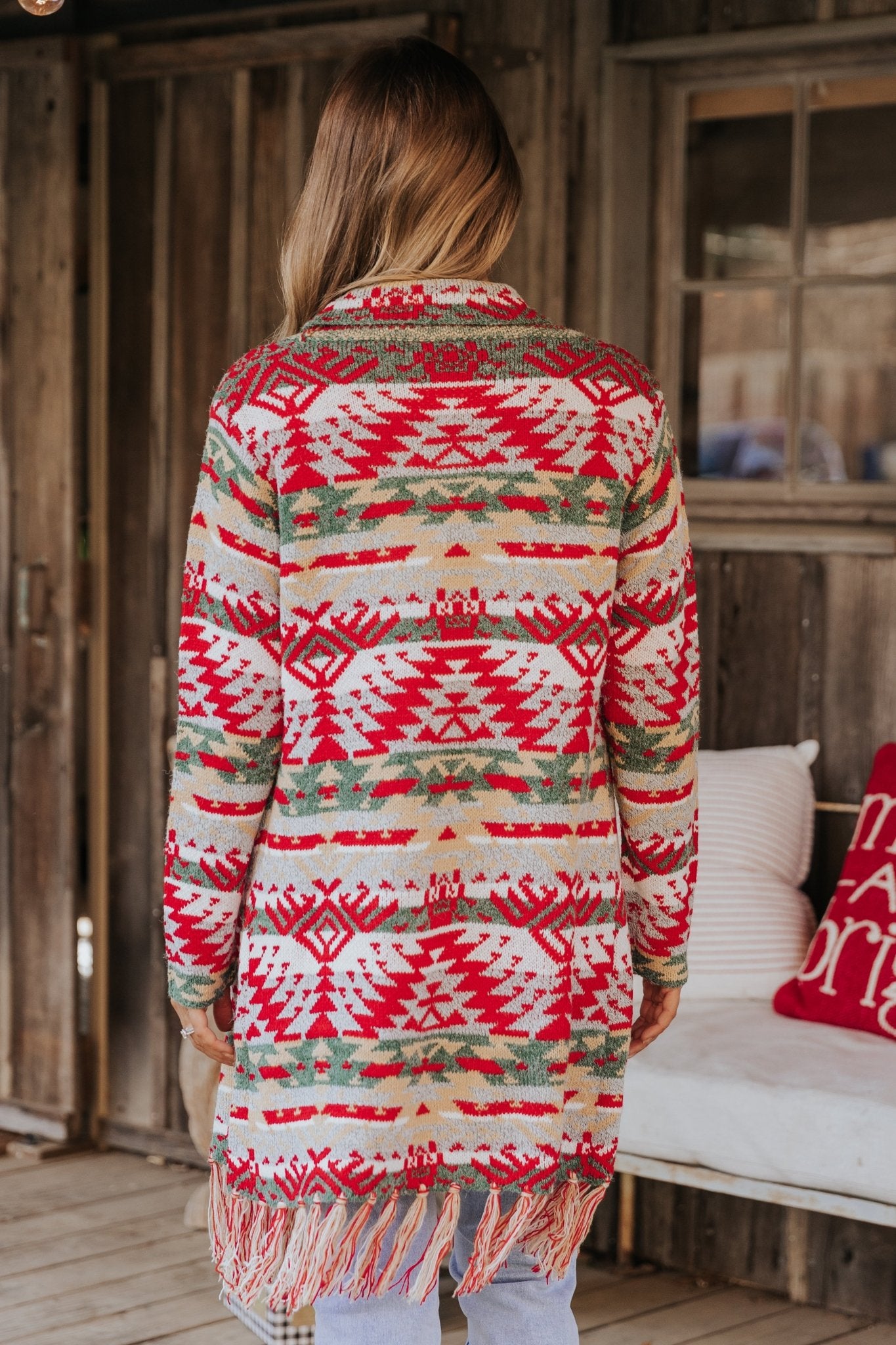 Red & Green Aztec Striped Boho Fringe Cardigan - Magnolia Boutique