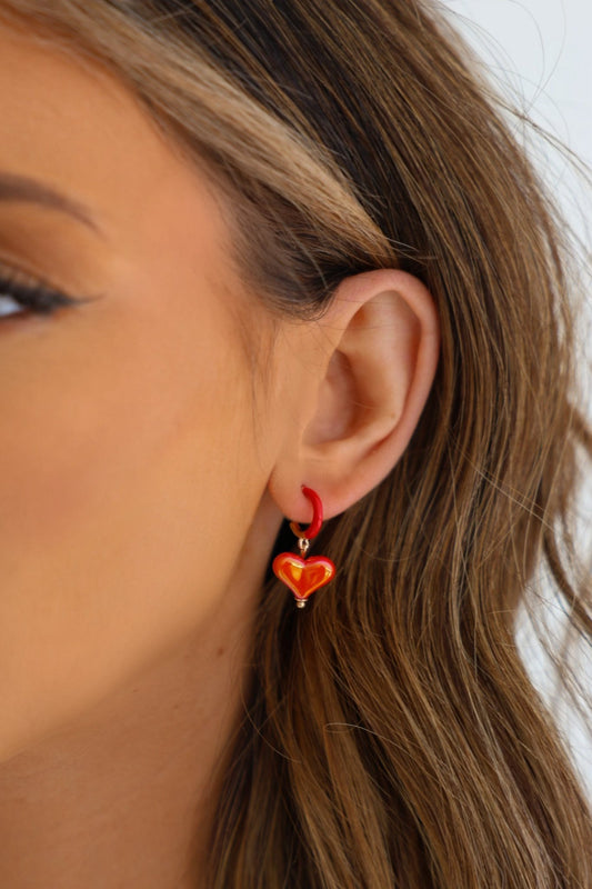 Red Heart Charm Hoop Earrings