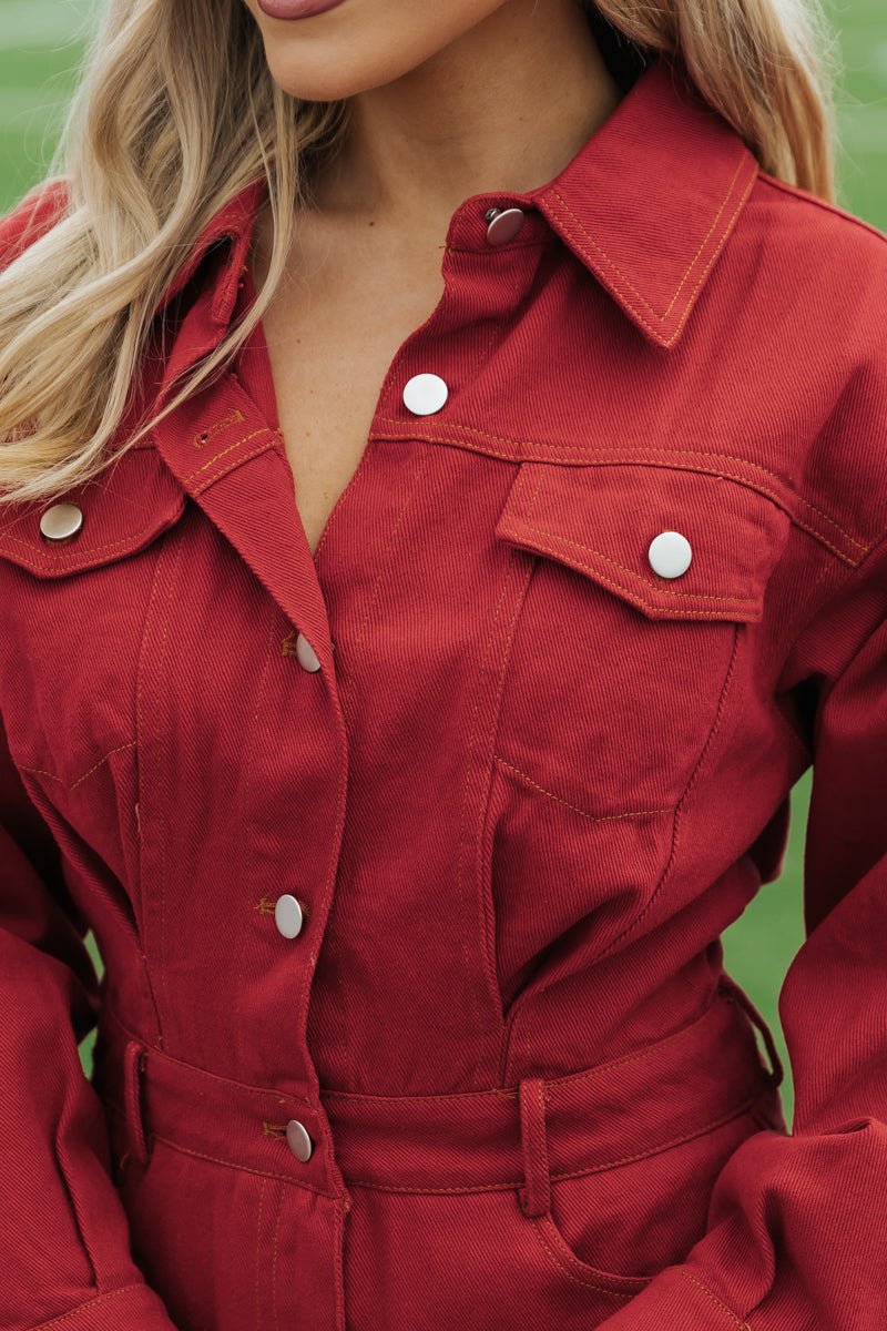 Red Long Sleeve Denim Romper - Magnolia Boutique