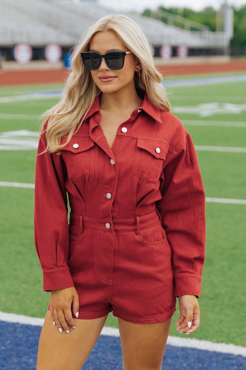 Red Long Sleeve Denim Romper - Magnolia Boutique