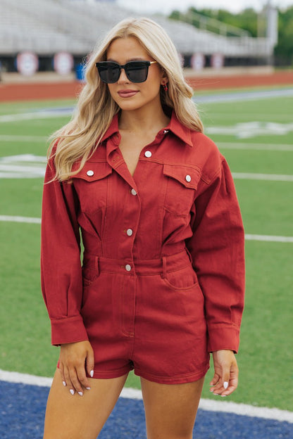 Red Long Sleeve Denim Romper - Magnolia Boutique