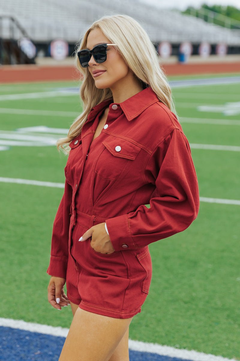 Red Long Sleeve Denim Romper - Magnolia Boutique