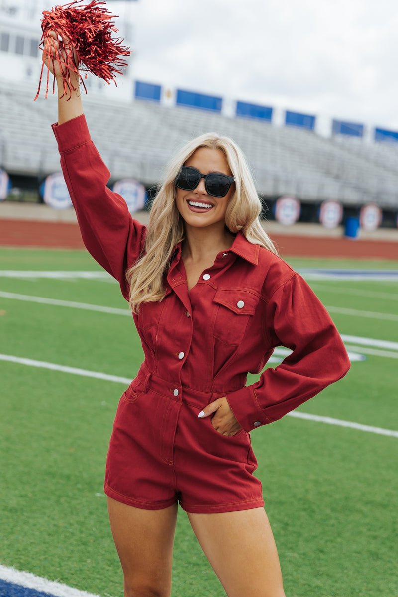 Red Long Sleeve Denim Romper - Magnolia Boutique