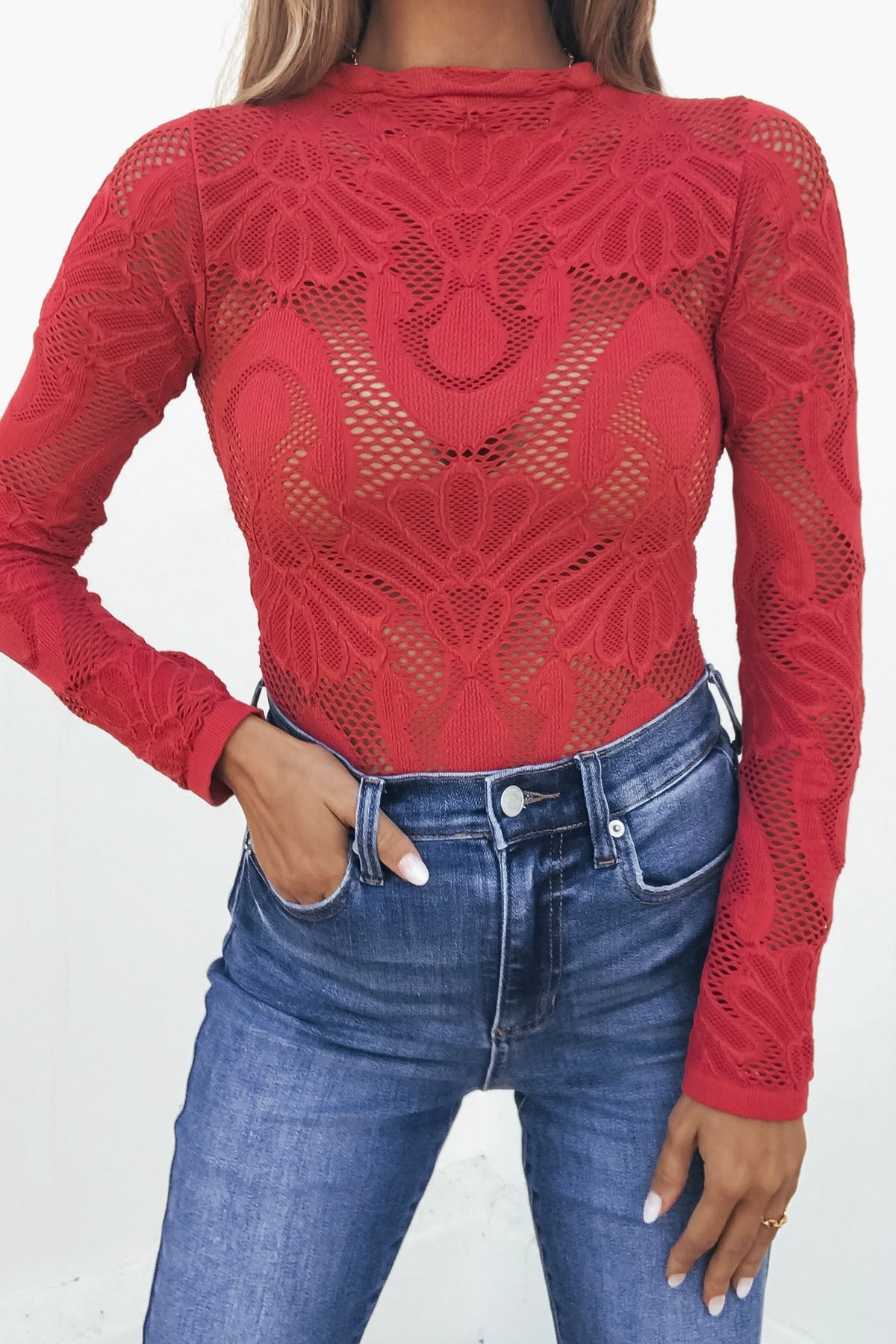 Red Mock Neck Fishnet Top - Magnolia Boutique