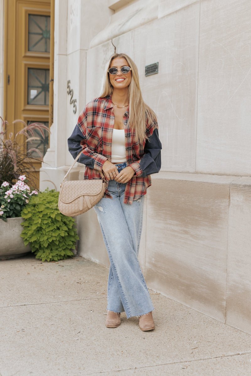 Red Plaid Color Block Button Down Shirt - Magnolia Boutique