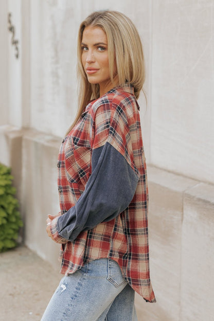 Red Plaid Color Block Button Down Shirt - Magnolia Boutique