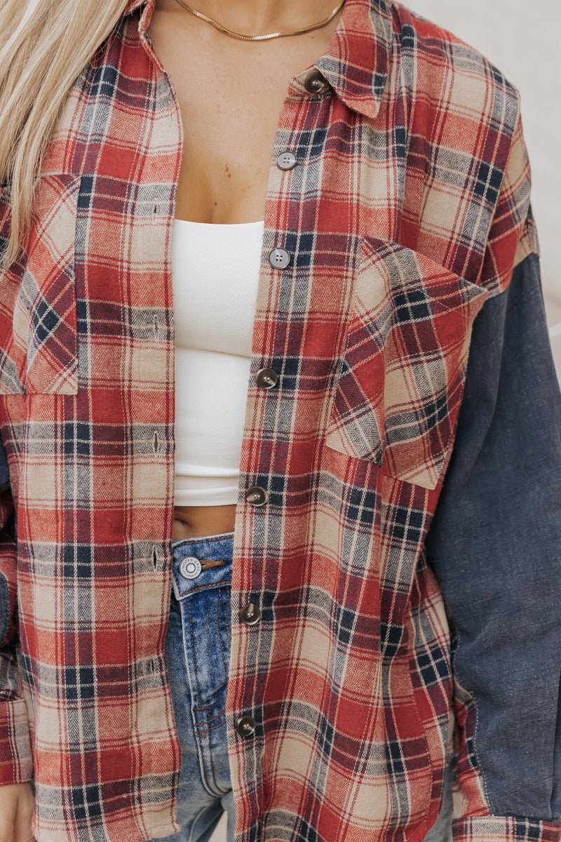 Red Plaid Color Block Button Down Shirt - Magnolia Boutique