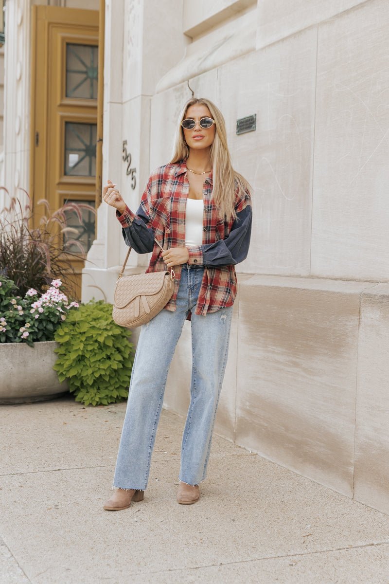 Red Plaid Color Block Button Down Shirt - Magnolia Boutique