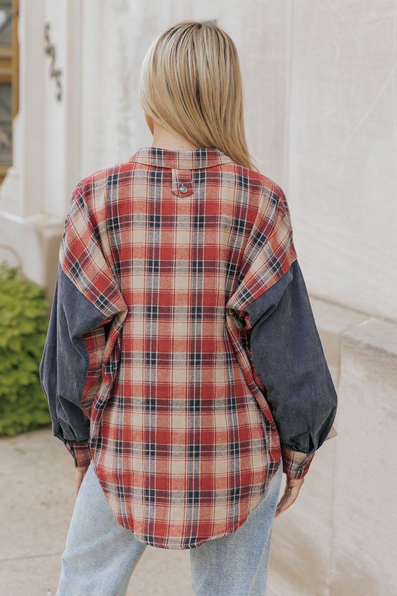 Red Plaid Color Block Button Down Shirt - Magnolia Boutique