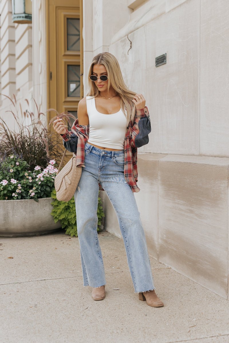 Red Plaid Color Block Button Down Shirt - Magnolia Boutique