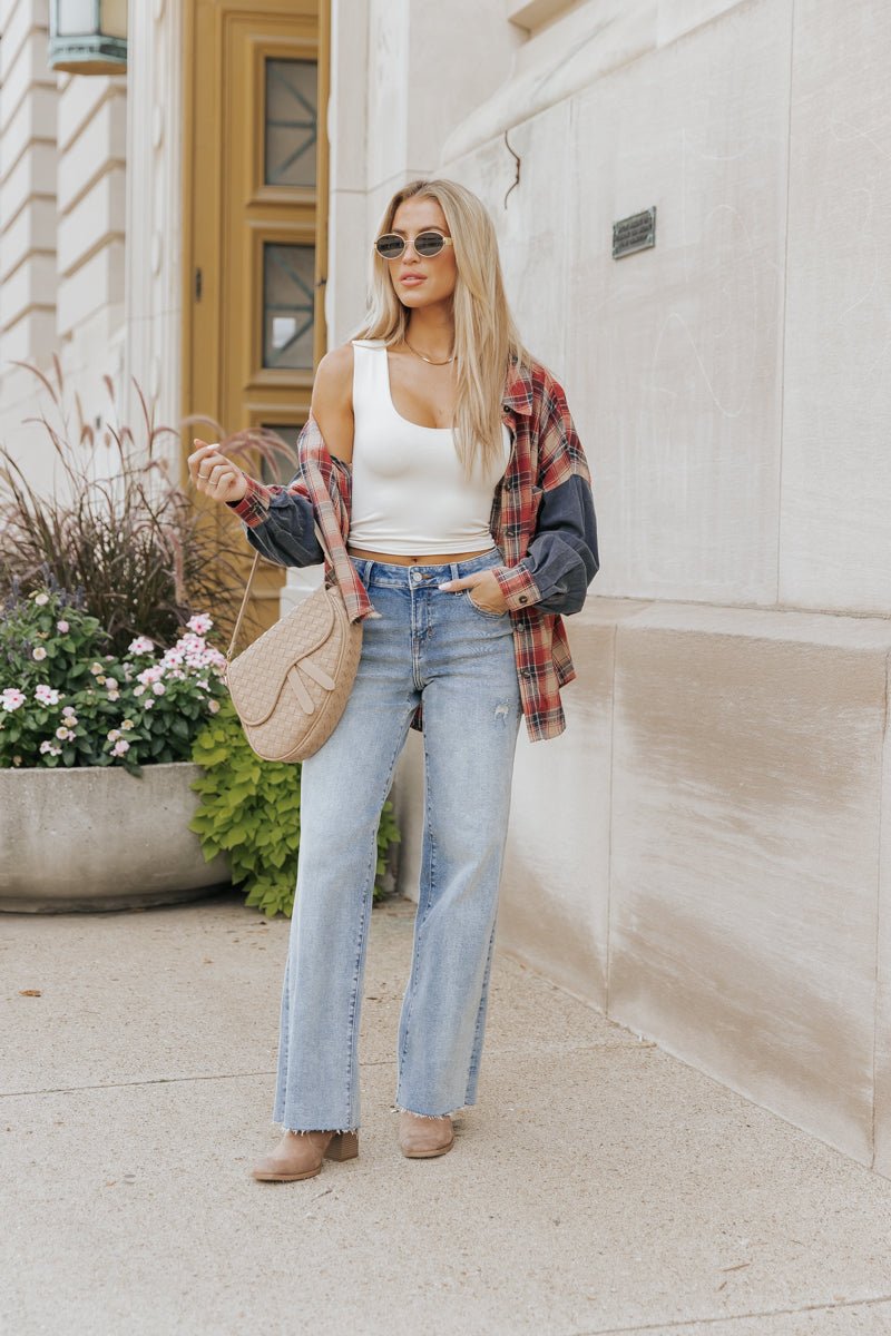 Red Plaid Color Block Button Down Shirt - Magnolia Boutique