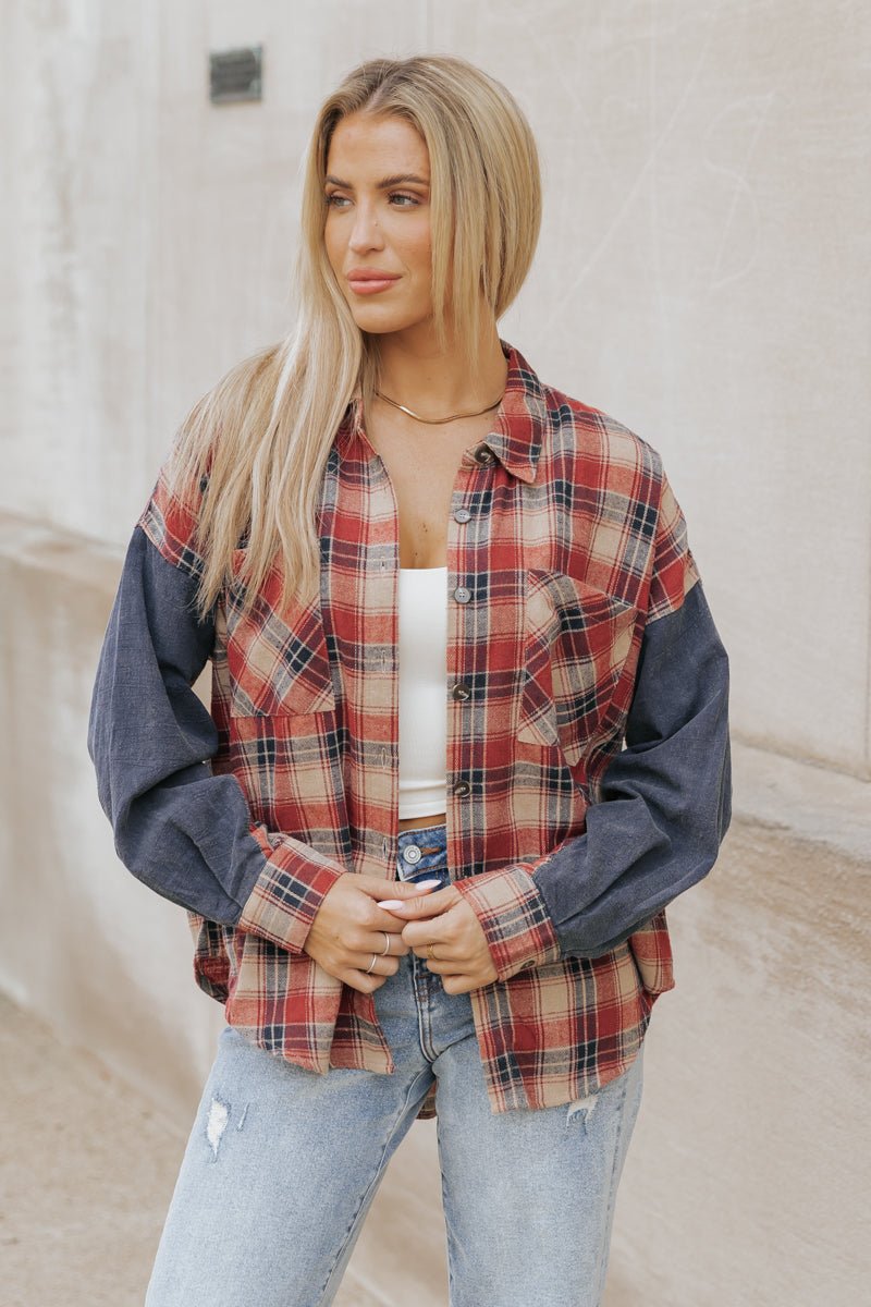 Red Plaid Color Block Button Down Shirt - Magnolia Boutique