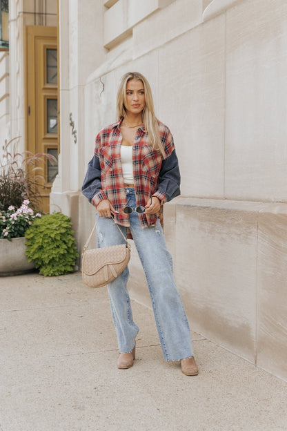 Red Plaid Color Block Button Down Shirt - Magnolia Boutique