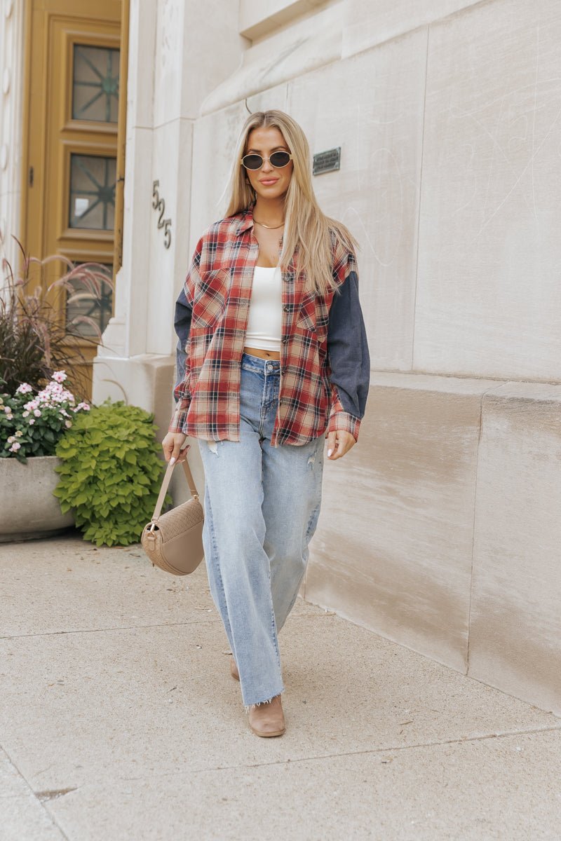 Red Plaid Color Block Button Down Shirt - Magnolia Boutique