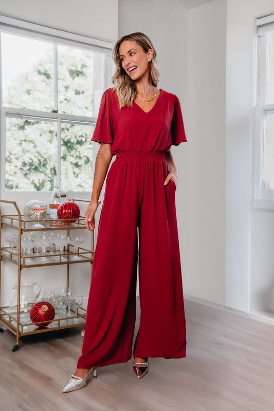 Red Smocked Wide Leg Jumpsuit - Magnolia Boutique