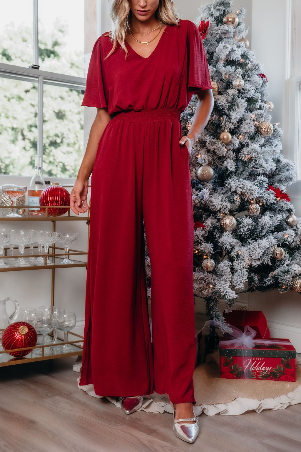 Red Smocked Wide Leg Jumpsuit | Pre Order - Magnolia Boutique