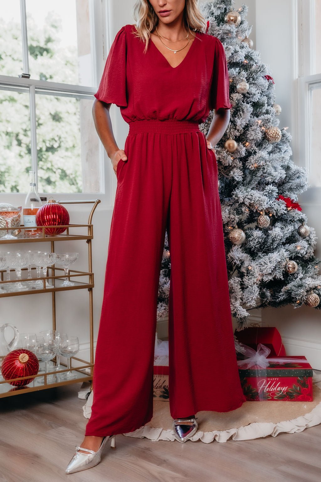 Red Smocked Wide Leg Jumpsuit | Pre Order - Magnolia Boutique