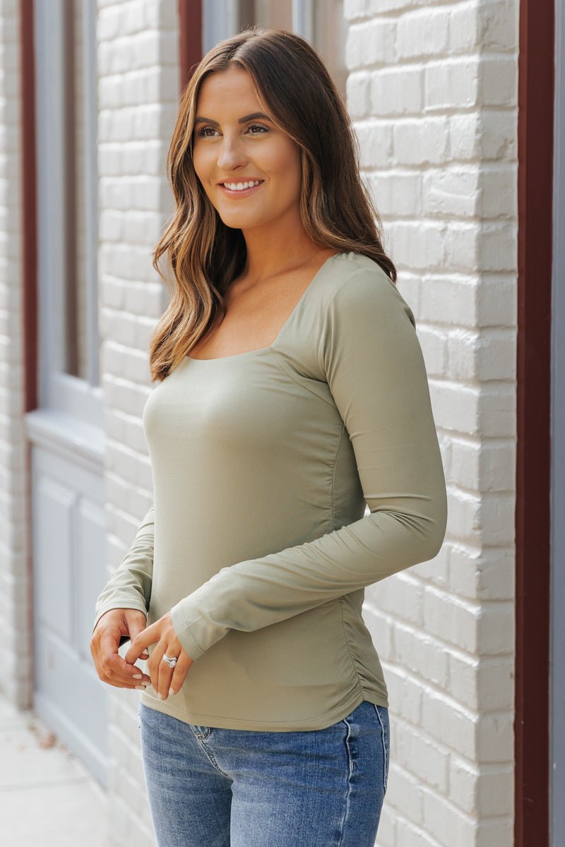 Ruched Jersey Square Neck Top - Green - Magnolia Boutique